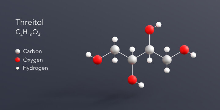 threitol molecule 3d rendering, flat molecular structure with chemical formula and atoms color coding