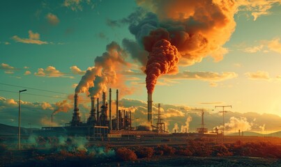 An industrial landscape featuring factory smokestacks emitting thick smoke against a dramatic sunset sky.