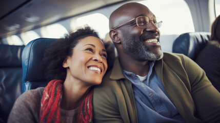 Black middle aged couple travelling by train, responsible travel concept