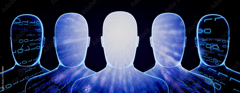 Poster geometrical men faces with binary code - 3d illustration