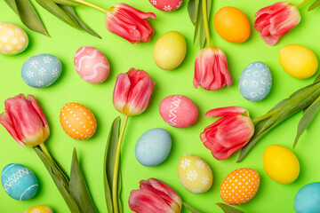 Easter eggs with a bouquet of tulips on a bright  background. Easter celebration concept. Colorful easter handmade decorated Easter eggs. Place for text. Copy space.