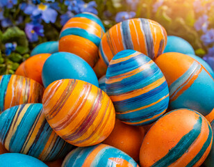 Fototapeta na wymiar vibrant collection of colorful orange and blue painted striped Easter eggs spring season festive