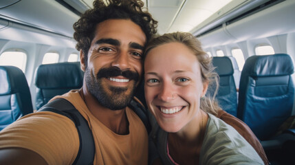Mixed race young couple travelling by plane, holiday vacation concept