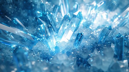 Sparkling kaleidoscope of icy blue crystal shards, glowing with inner light and geometric beauty - obrazy, fototapety, plakaty