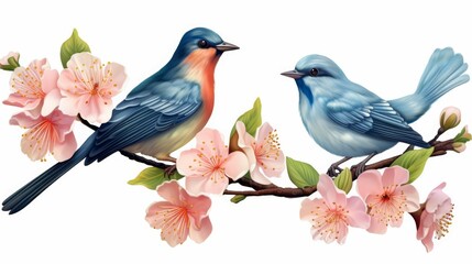 Two Birds Perched on Branch With Flowers