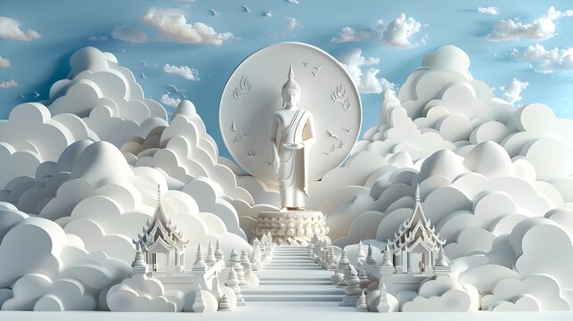 3D Rendering of Buddha Statue and Temple in Paper Sculpture Style