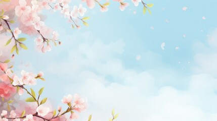 Blue Sky With White Clouds and Pink Flowers