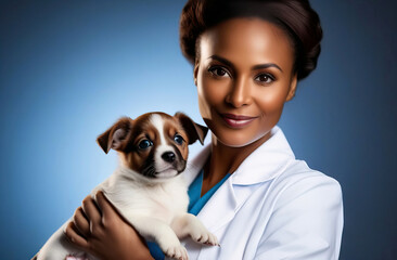 Portrait of a veterinarian with a dog on a blue background conveys the image of a friendly and helpful professional ready to help an animal