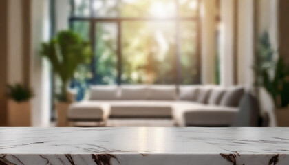 Modern empty light white marble table on a luxury living room interior background with blurred bokeh. for display of assembly products, space for text