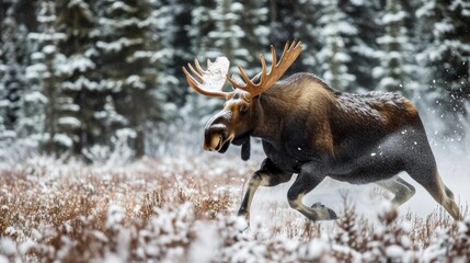 Alaska moose running on snow covered grass against pine forest background