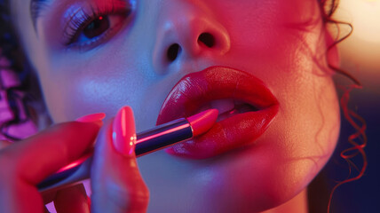 A woman applying pink lipstick.