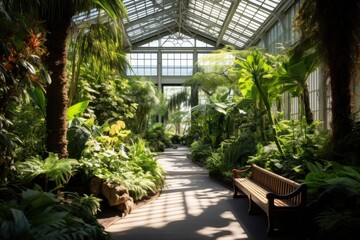 Fototapeta na wymiar Lush greenhouse pathway with ferns, palms, and dappled sunlight