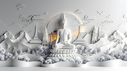 3D Paper Art Illustration of Buddha Mountain Landscape