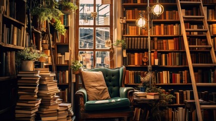 Cozy vintage bookstore with old books, ladder and sleeping cat - Powered by Adobe