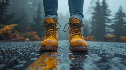 Foto op Aluminium feets of a traveler in yellow boots on a wet road © Salander Studio
