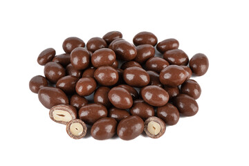 A bunch of dark chocolate peanuts isolated on a white background.