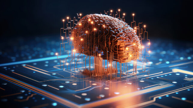 Futuristic brain with circuit patterns and glowing nodes