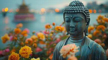pray buddha statue with blurry background