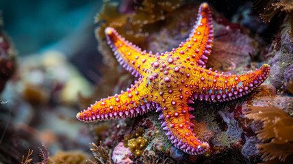Colorful starfish on coral reef underwater.