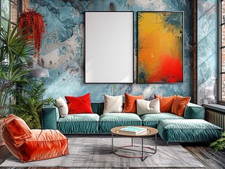 Eclectic Living Room with Colorful Art and Velvet Sofa