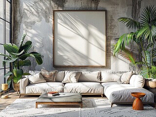 Modern Living Room with White Sofa and Wall Art Frame