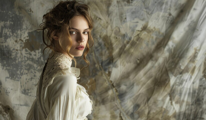 Obraz premium Portrait of beautiful woman in white Victorian dress.