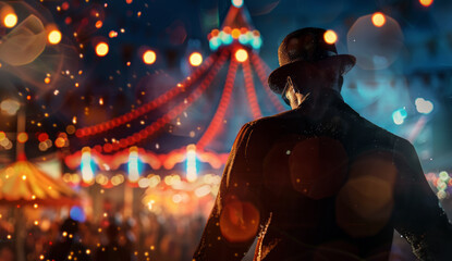 Obraz premium Mysterious man in hat stands against the background of carnival