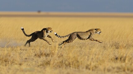 two cheetahs running on the dry savanna