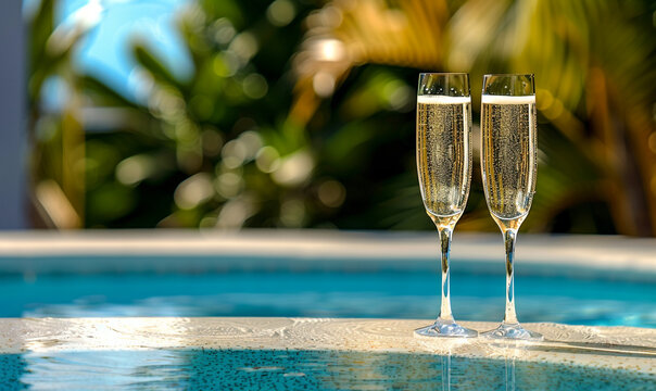 a glass of champagne for two people on the the edge of pool. two glass champagne on summer vacation holiday. - Powered by Adobe