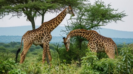 Two giraffes eating acacia leaves with a savanna background