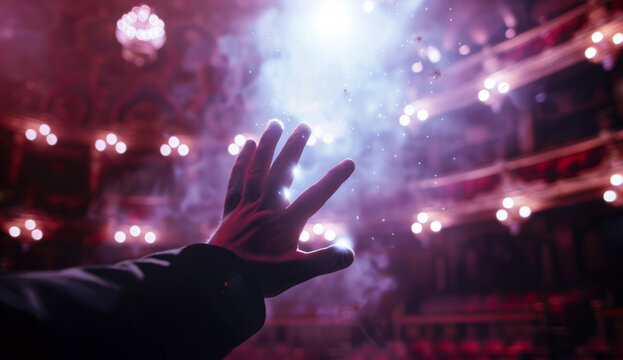Man's hand reaches out to light in dark theater