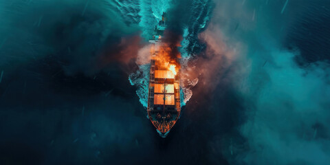 Aerial view of a ship engulfed in flames and smoke on the ocean surface