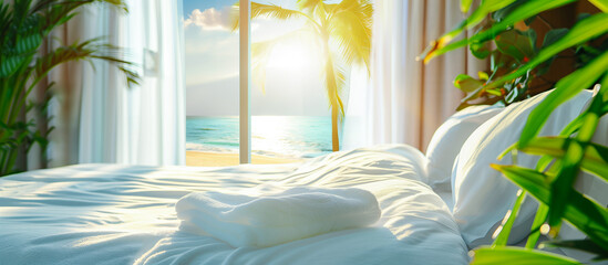 summer vacation concept background. set of towel on the bed in hotel bedroom with view beach