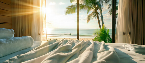 summer vacation concept background. set of towel on the bed in hotel bedroom with view beach