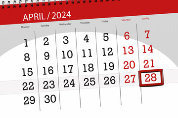 Calendar 2024, deadline, day, month, page, organizer, date, April, sunday, number 28