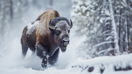 Bison running through the snow with a pine forest in the background