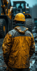 Construction worker in yellow jacket is standing in front of large construction vehicle.