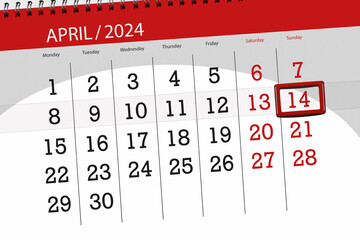 Calendar 2024, deadline, day, month, page, organizer, date, April, sunday, number 14