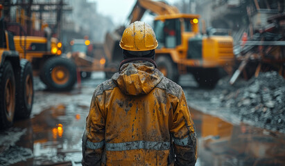 Fotografia construction worker in yellow uniform and helmet is walking along the wet road