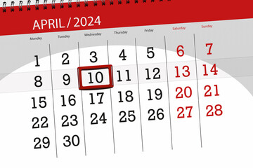 Calendar 2024, deadline, day, month, page, organizer, date, April, wednesday, number 10