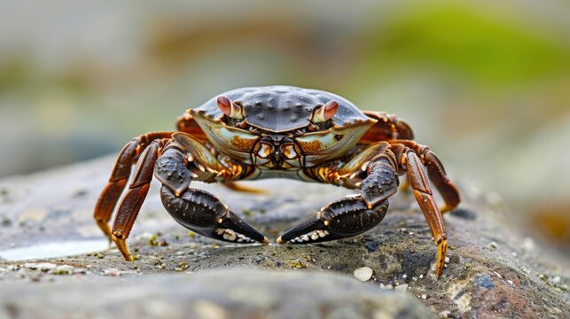 Close up photo of crab on a river rock