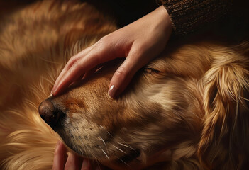 A hand touching a dog's face
