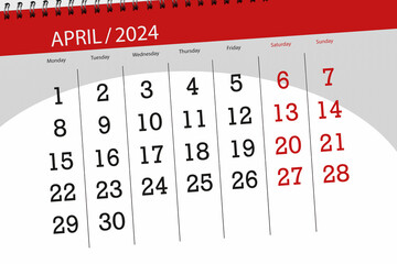 Calendar 2024, deadline, day, month, page, organizer, date, April