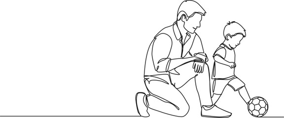 continuous single line drawing of dad and young son playing with soccer ball, line art vector illustration