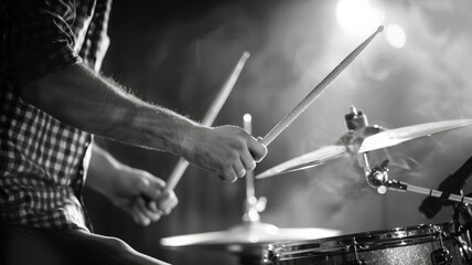A professional drummer performing on stage.