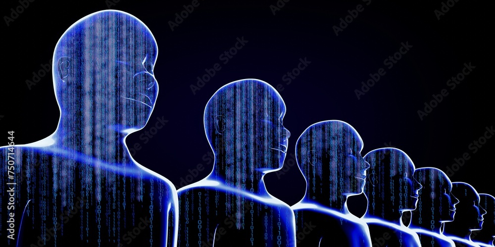 Poster geometrical men faces with binary code - 3d illustration