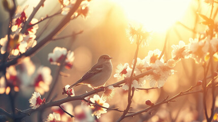 lesser whitethroat bird perched on a cherry blossom tree in the afternoon - obrazy, fototapety, plakaty