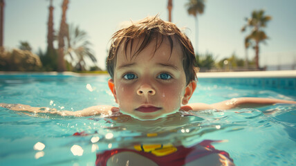 Fototapeta na wymiar A cute little boy swimming in a pool.