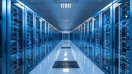 High-tech server room with rows of neatly organized blue storage racks - obrazy, fototapety, plakaty