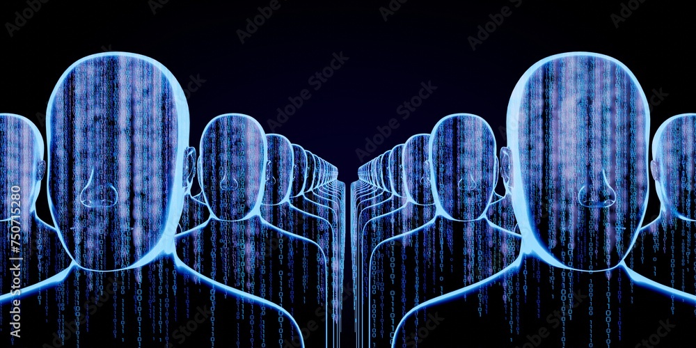 Poster geometrical men faces with binary code - 3d illustration